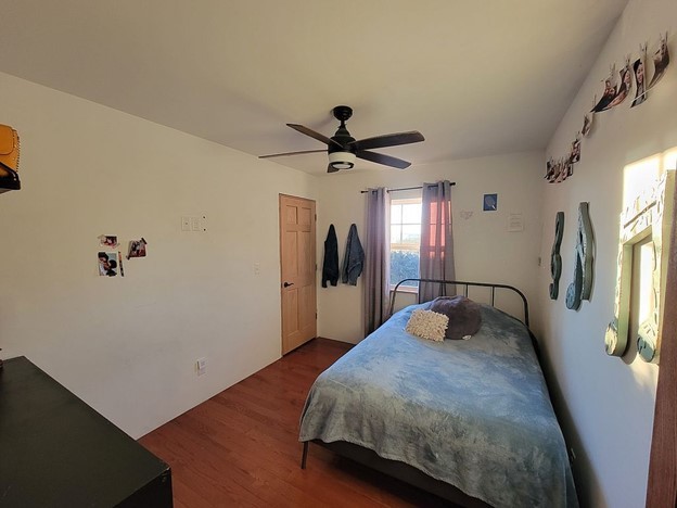 bedroom with hardwood / wood-style flooring and ceiling fan