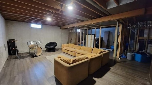 basement with wood-type flooring