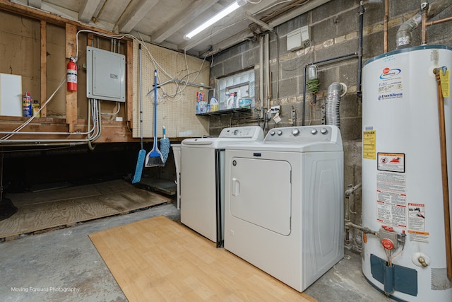 laundry area featuring electric panel, gas water heater, and washing machine and clothes dryer