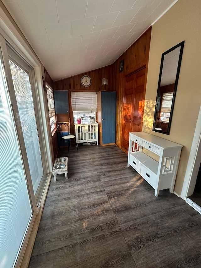 interior space with wood walls and vaulted ceiling