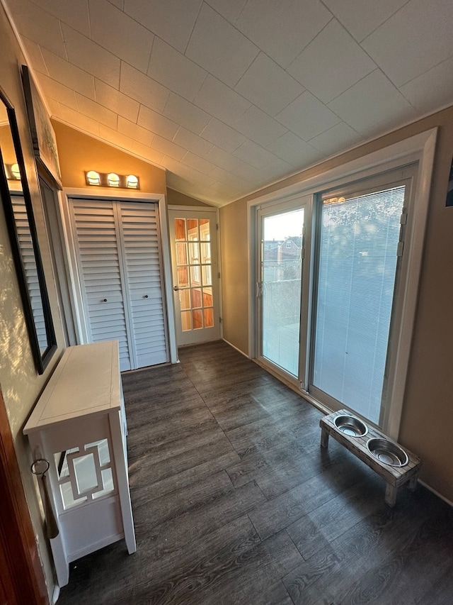 entryway featuring dark hardwood / wood-style flooring and vaulted ceiling