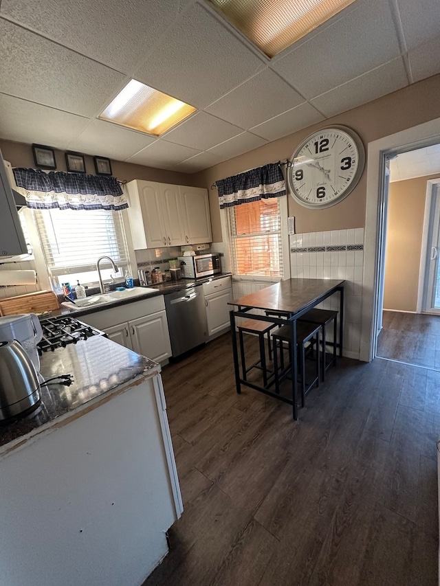 kitchen with appliances with stainless steel finishes, dark hardwood / wood-style flooring, a paneled ceiling, sink, and white cabinets