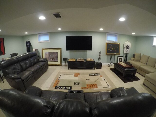 living room featuring light tile patterned floors