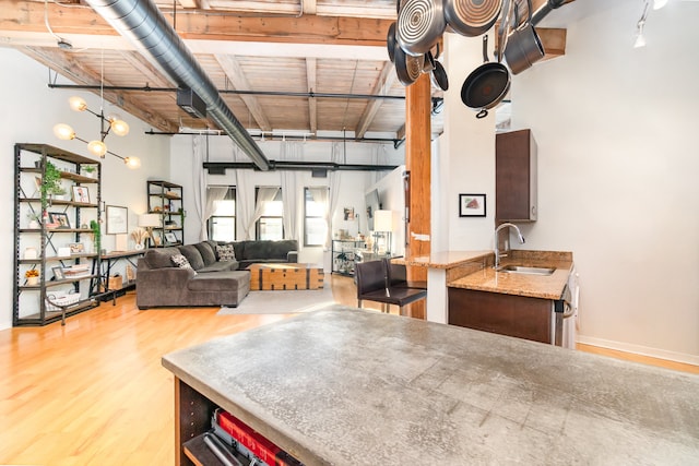 kitchen with hardwood / wood-style floors, sink, and dark brown cabinetry