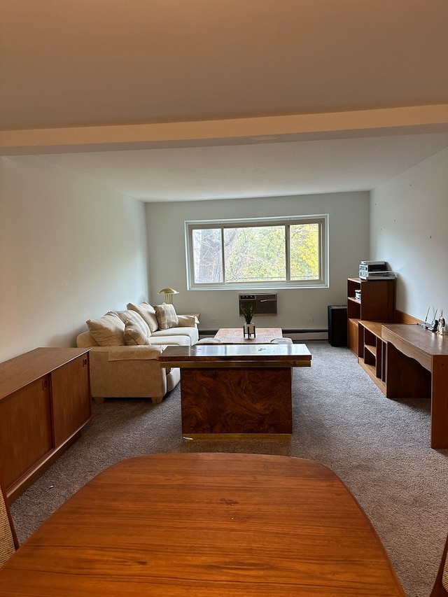 living room featuring a wall unit AC, carpet, and a baseboard radiator