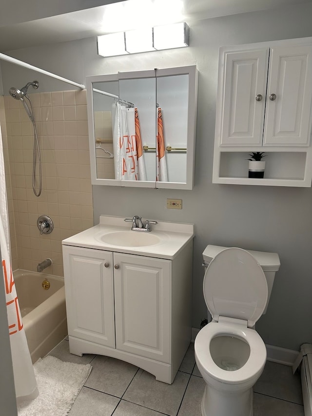 full bathroom with vanity, shower / bath combo with shower curtain, a baseboard radiator, tile patterned flooring, and toilet