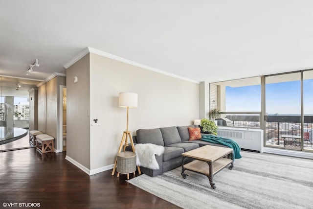 living room featuring baseboards, ornamental molding, dark wood-type flooring, expansive windows, and track lighting