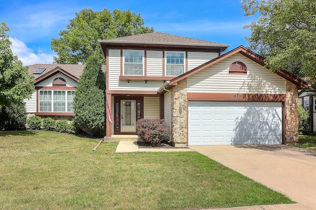 front facade with a garage and a front yard