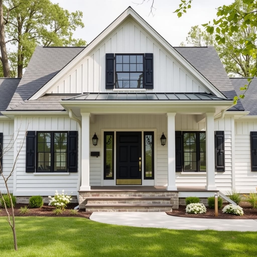 modern farmhouse featuring a front yard and covered porch