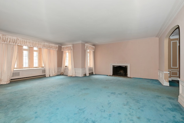 unfurnished living room featuring ornamental molding, carpet floors, and a baseboard radiator