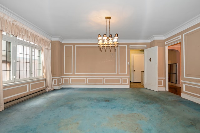 unfurnished room featuring dark colored carpet, a chandelier, and ornamental molding