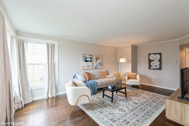 living room with dark hardwood / wood-style floors and crown molding