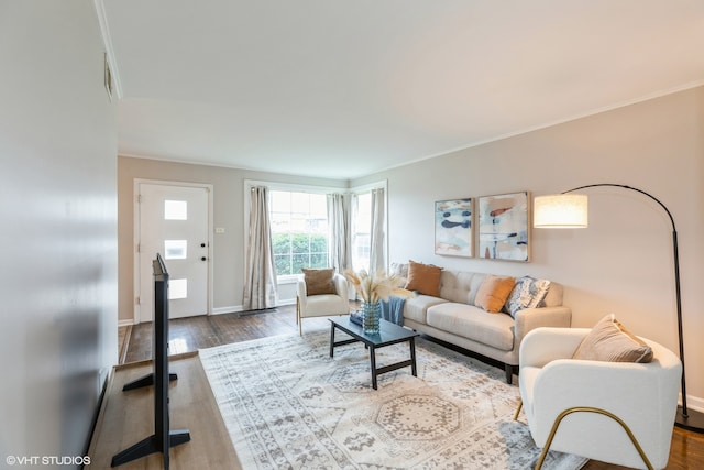 living room with hardwood / wood-style flooring and crown molding