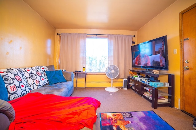 carpeted living room featuring baseboard heating