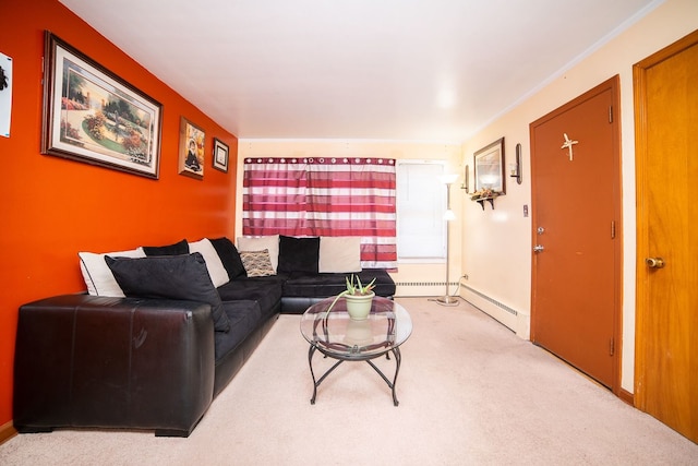 living room with light colored carpet and baseboard heating