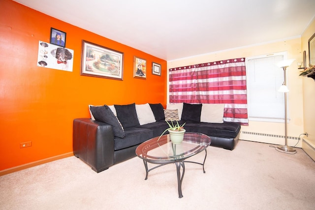 living room with baseboard heating and light carpet