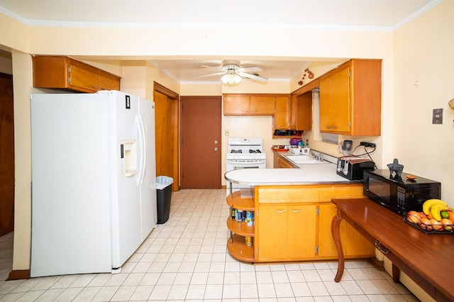 kitchen featuring kitchen peninsula, sink, ornamental molding, ceiling fan, and white appliances