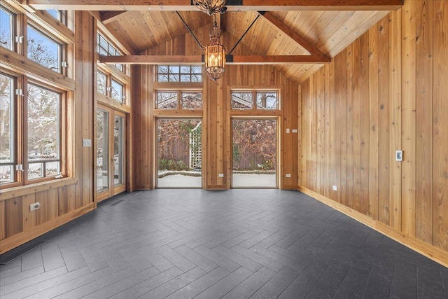 interior space with wooden walls, an inviting chandelier, wood ceiling, and beamed ceiling