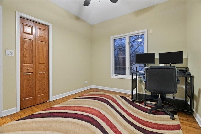 office area featuring ceiling fan and light hardwood / wood-style flooring