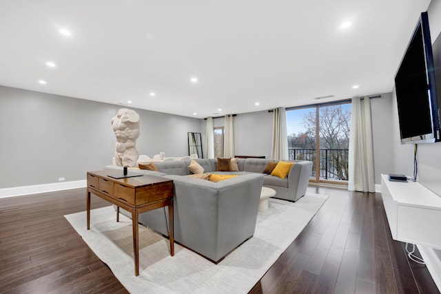 living room with dark hardwood / wood-style flooring