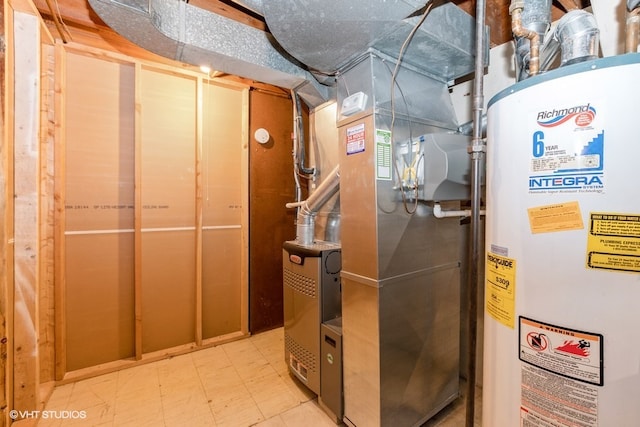 utility room featuring heating unit and water heater