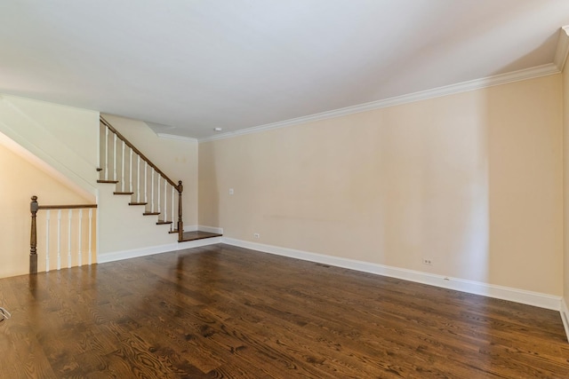 unfurnished living room featuring dark wood-style floors, baseboards, stairs, and crown molding