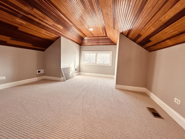 bonus room with light carpet, lofted ceiling, and wood ceiling