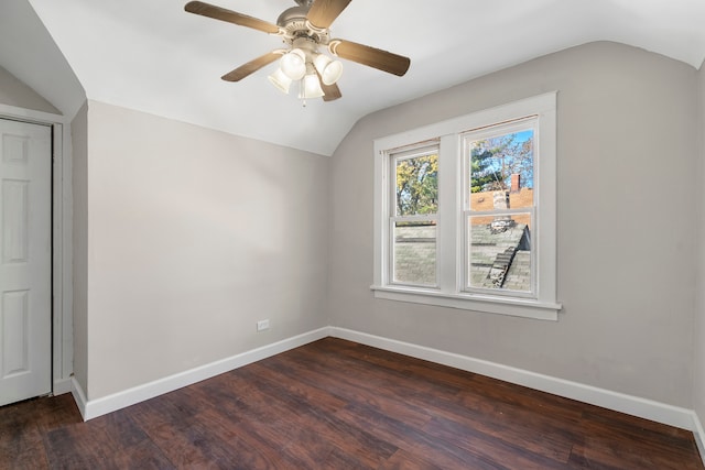 bonus room featuring dark wood-type flooring, ceiling fan, and lofted ceiling