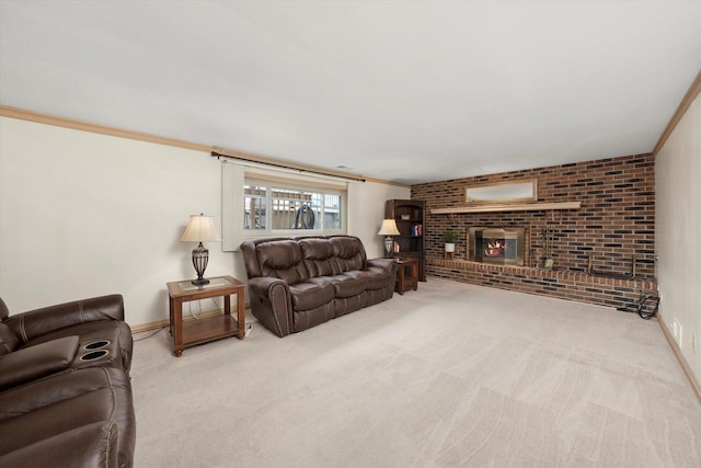 living room featuring crown molding, light colored carpet, and a brick fireplace