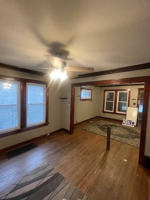 additional living space featuring ceiling fan, a healthy amount of sunlight, and wood-type flooring