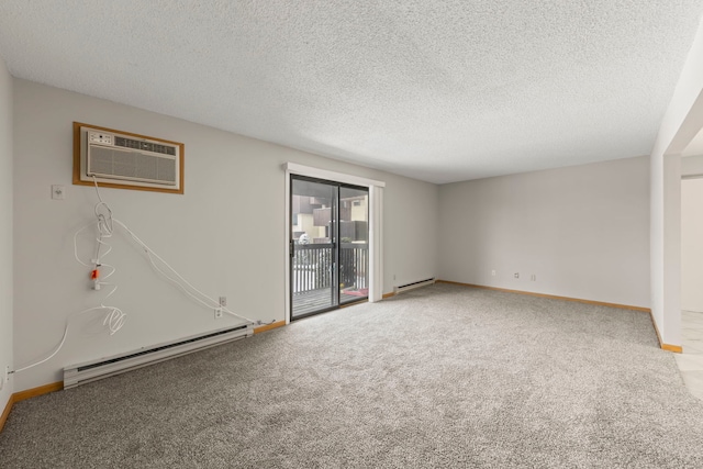 carpeted empty room featuring baseboard heating, an AC wall unit, and a textured ceiling