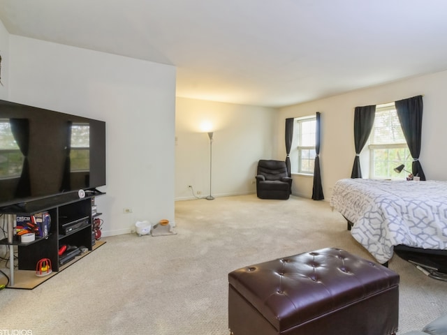 bedroom with light carpet