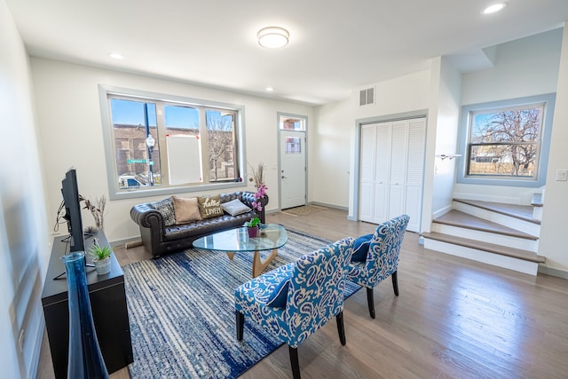 living room featuring hardwood / wood-style floors and a healthy amount of sunlight