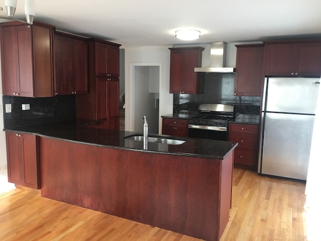 kitchen featuring sink, stainless steel appliances, wall chimney range hood, tasteful backsplash, and light wood-type flooring