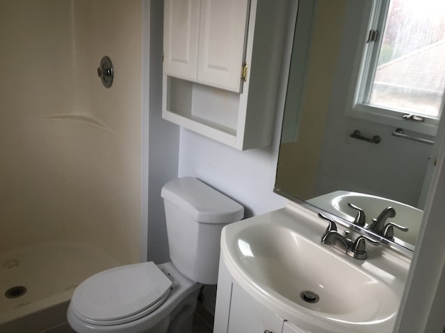 bathroom with vanity, toilet, and walk in shower