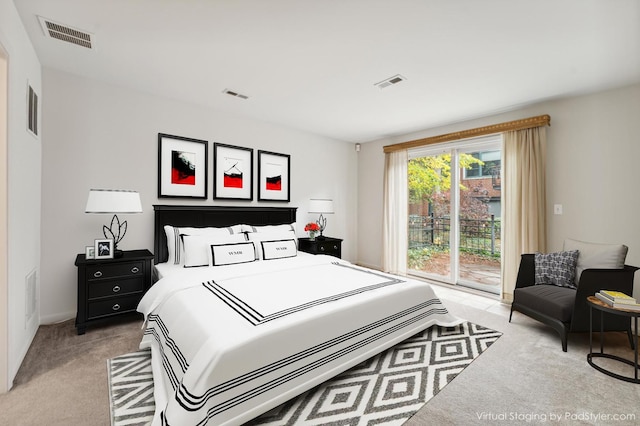 bedroom featuring access to outside and light carpet