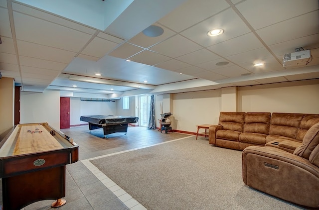 recreation room featuring a drop ceiling and billiards