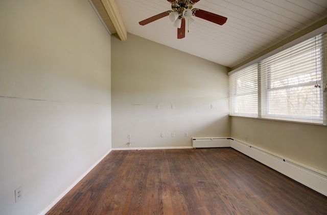 empty room with vaulted ceiling with beams, ceiling fan, dark hardwood / wood-style flooring, and a baseboard radiator