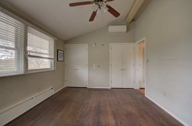 unfurnished bedroom featuring lofted ceiling, ceiling fan, dark hardwood / wood-style floors, a baseboard radiator, and a wall unit AC