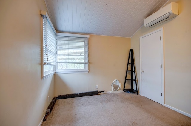 carpeted empty room with a wall mounted AC, lofted ceiling, and wood ceiling