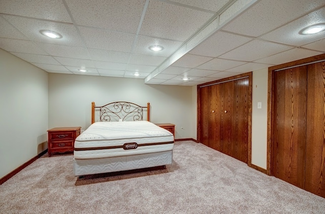 bedroom featuring carpet flooring, a paneled ceiling, and multiple closets