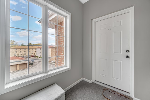 doorway with radiator and carpet