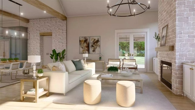 interior space featuring light wood-type flooring, a large fireplace, high vaulted ceiling, beamed ceiling, and a chandelier