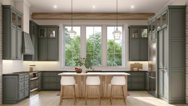 kitchen featuring light hardwood / wood-style flooring, beamed ceiling, custom exhaust hood, and pendant lighting