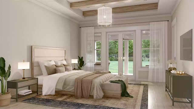 bedroom featuring beam ceiling, crown molding, and light hardwood / wood-style floors