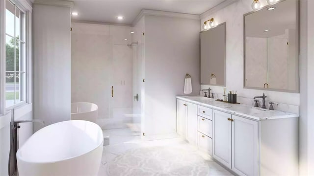 bathroom with vanity and independent shower and bath