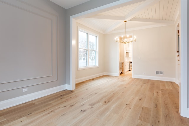 unfurnished dining area featuring vaulted ceiling with beams, wooden ceiling, light hardwood / wood-style floors, and a notable chandelier