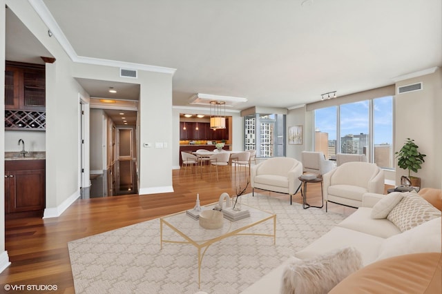 living room with light wood-type flooring, crown molding, and bar area