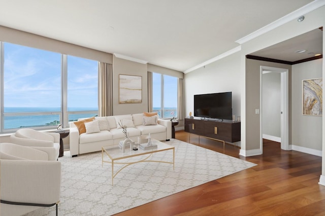 living room featuring hardwood / wood-style flooring and ornamental molding