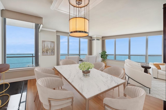 dining room with a wealth of natural light, a water view, and light hardwood / wood-style floors